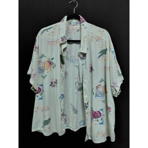 April Kiss Floral Rayon Linen Blend Shirt Woven Short Sleeve Women Size XL